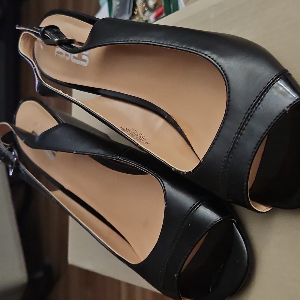 9& CO Gevette Open Toe 3" Wedge  Heel Black Dress Shoes Size 8M